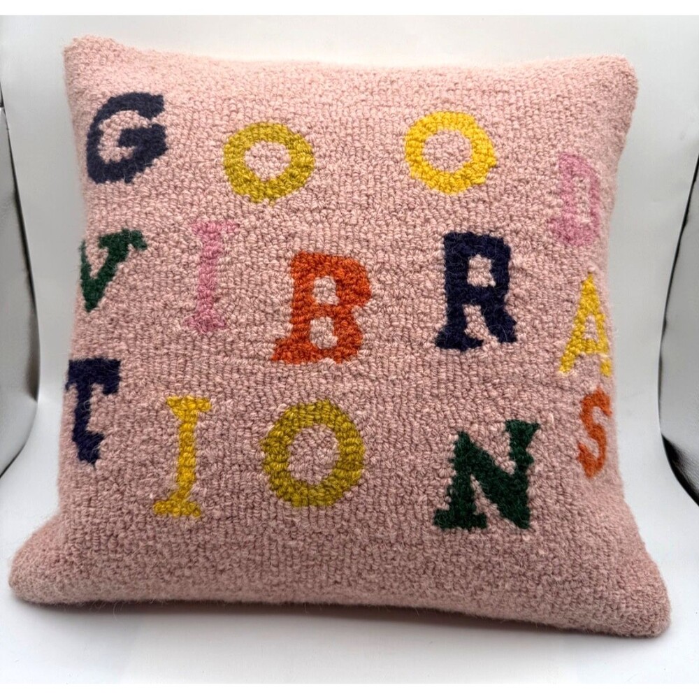 Pink Hooked Wool Pillow Cover Good Vibrations 18" Square - Picture 10 of 11